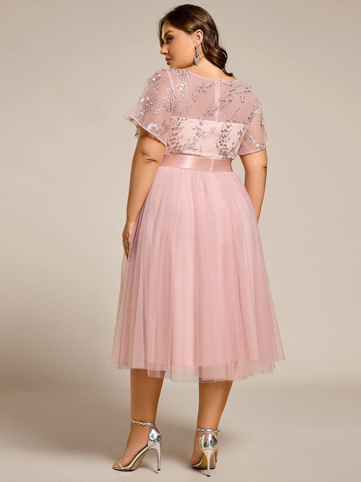 pretty MARA|Plus Size Round Neckline Embellished Tulle Midi Bridesmaid Dress