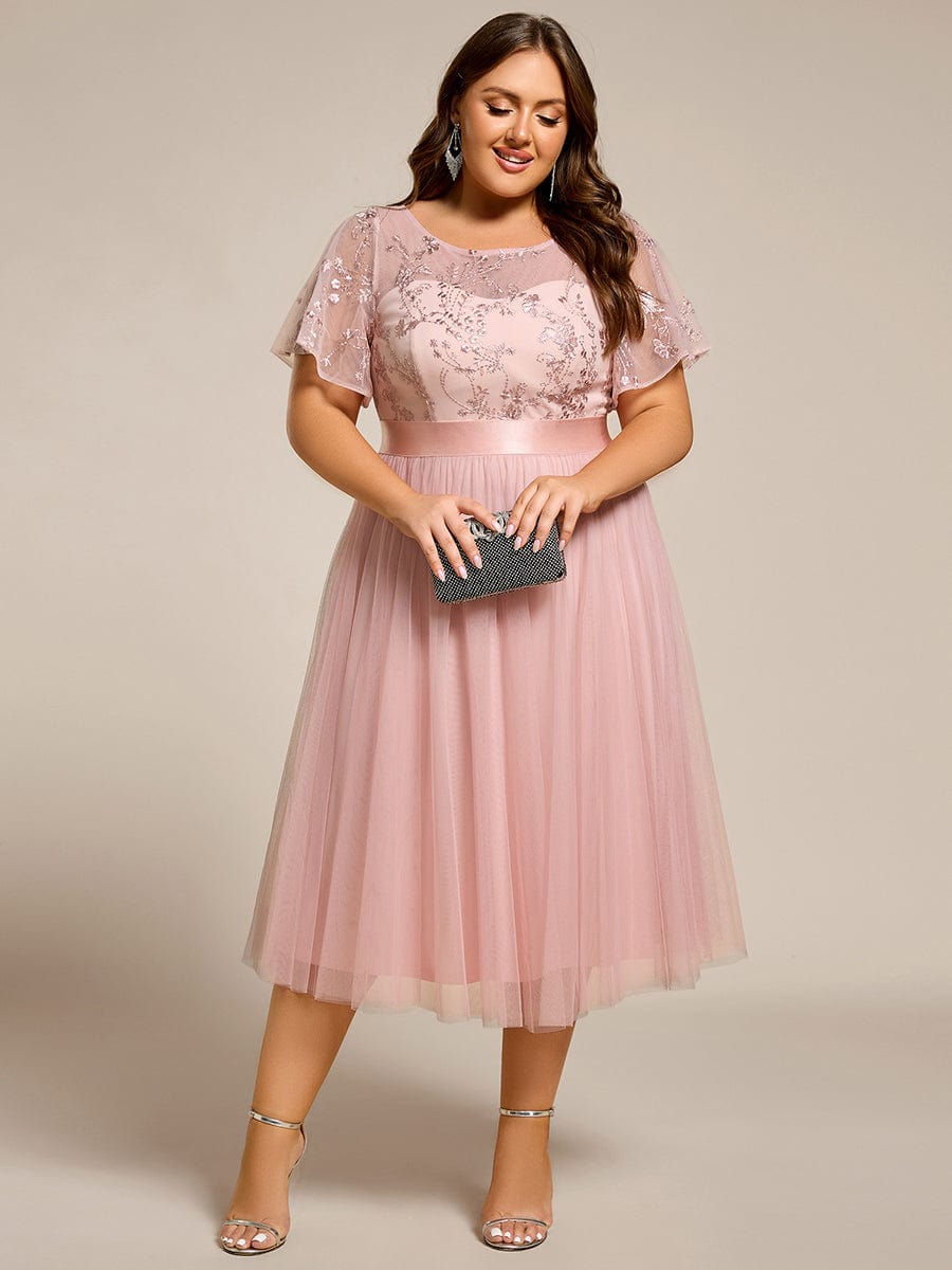 pretty MARA|Plus Size Round Neckline Embellished Tulle Midi Bridesmaid Dress