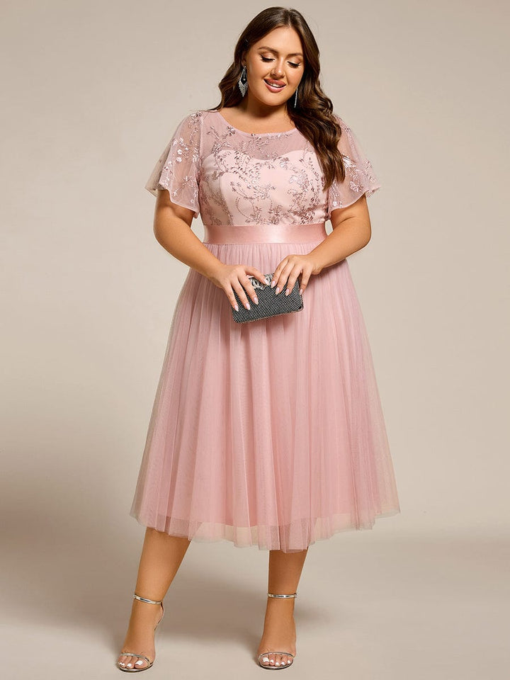 pretty MARA|Plus Size Round Neckline Embellished Tulle Midi Bridesmaid Dress