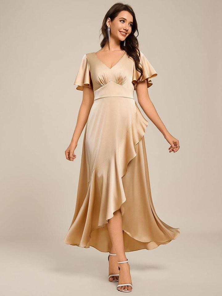 ever WYNTER|Short Sleeve Ruffled Satin Midi Wedding Guest Dress