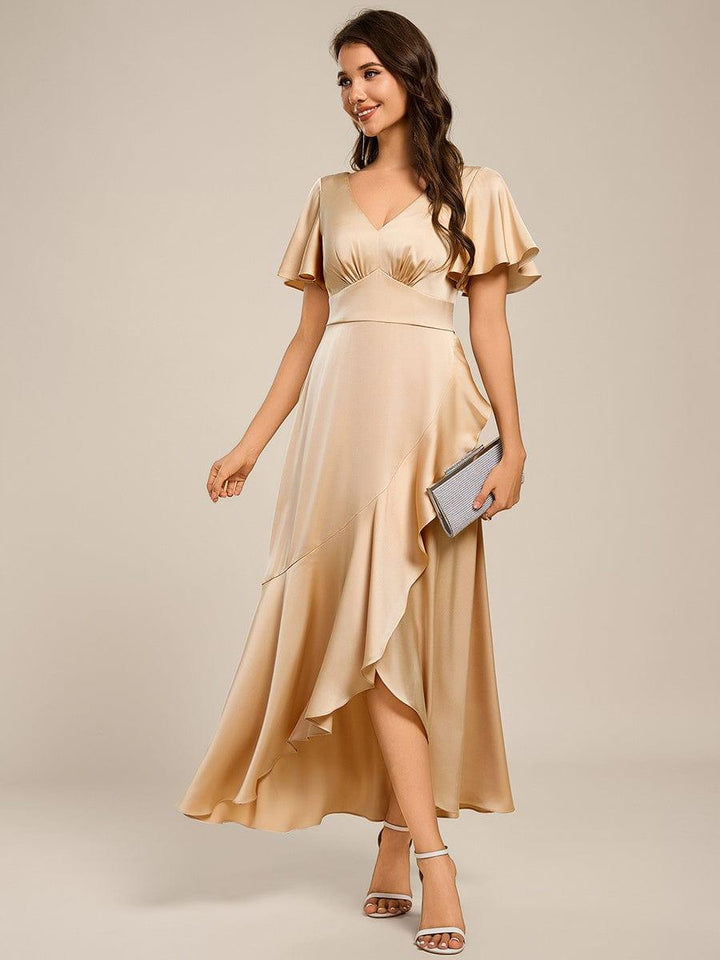 ever WYNTER|Short Sleeve Ruffled Satin Midi Wedding Guest Dress