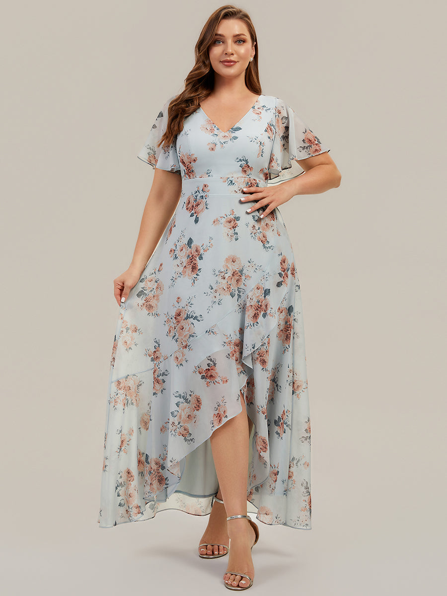 High Low Chiffon Ruffle Sleeve Bridesmaid Dress