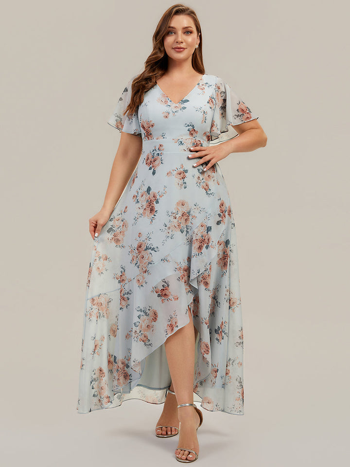 High Low Chiffon Ruffle Sleeve Bridesmaid Dress