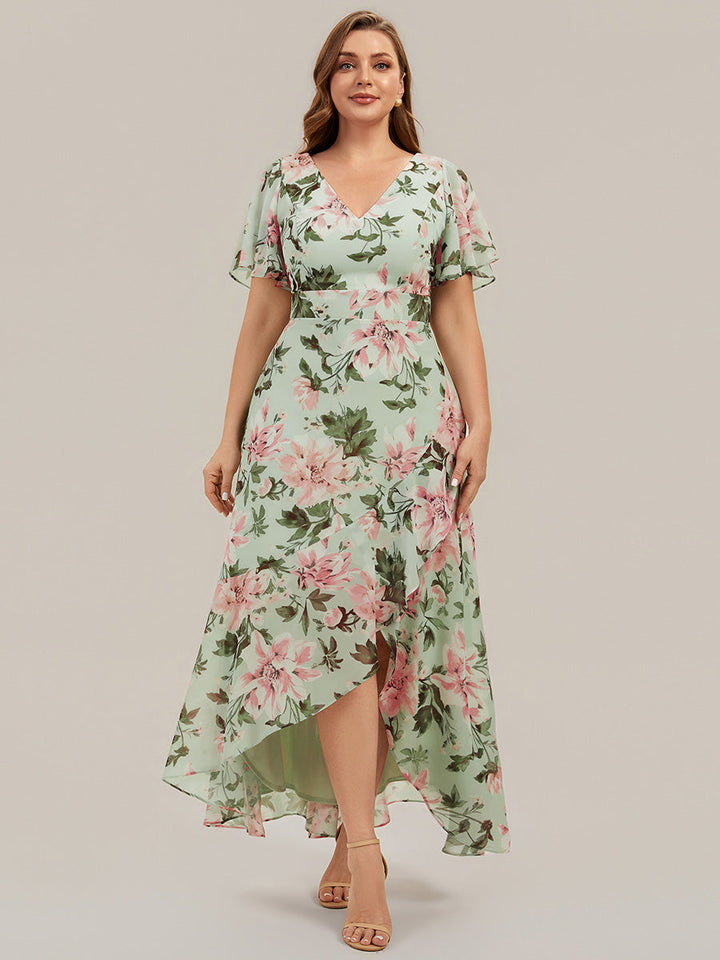 High Low Chiffon Ruffle Sleeve Bridesmaid Dress