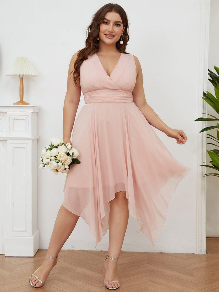pretty ELORA|Plus Size Double V Neck Ruched-Waist Midi Chiffon Bridesmaid Dress