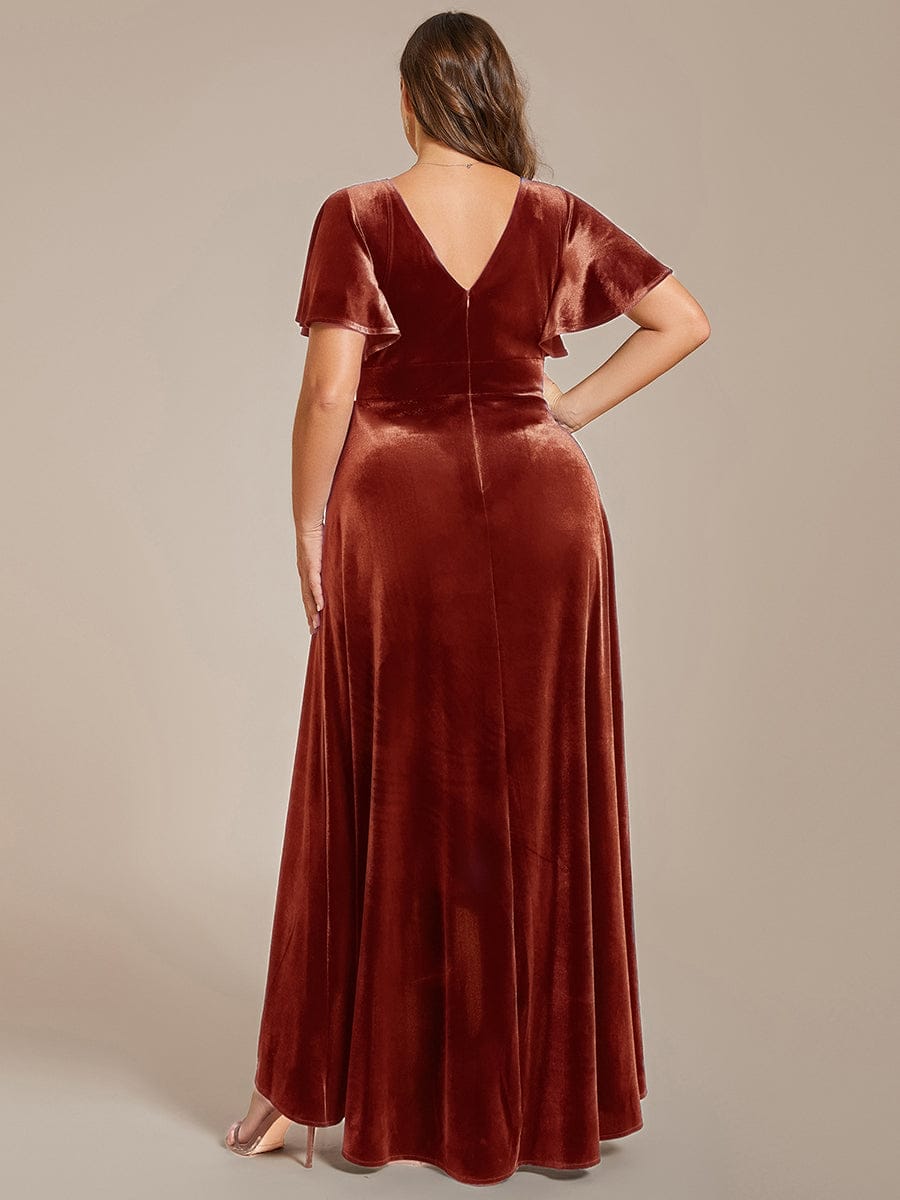 pretty SYLVA|Plus Size Lotus Leaf Hem A-Line V-Neck Ruffles Sleeve Velvet Evening Dress