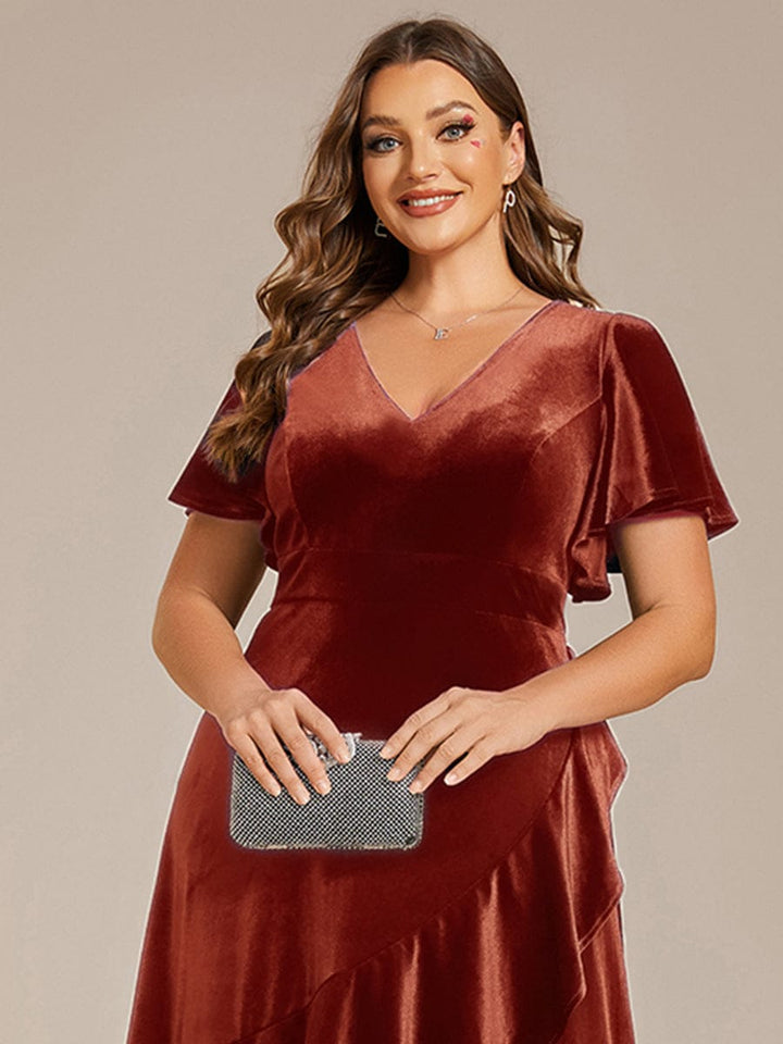 ever SYLVA|Double V-Neck Short Sleeves Stretchy Velvet Evening Dress with Lotus Leaf Hem