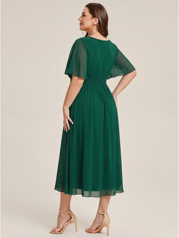 ever LILOU| Pleated Chiffon Ruffle Sleeve Wedding Guest Dress