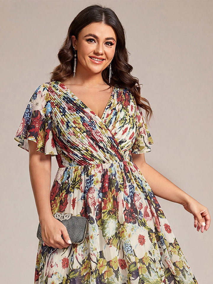 ever FAYE|Plus Size V-Neck Pleated Chiffon Midi Wedding Guest Dress