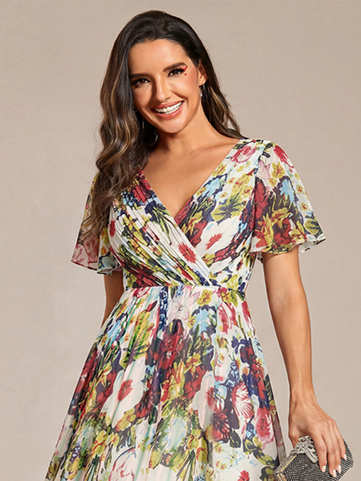 ever FAYE|Chic V Neck Asymmetrical Hem Ruffles Sleeve Pleated Chiffon Wedding Guest Dress