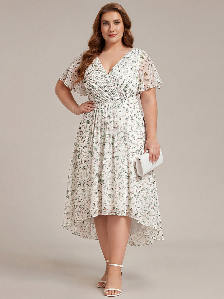 ever FAYE|Chic V Neck Asymmetrical Hem Ruffles Sleeve Pleated Chiffon Wedding Guest Dress