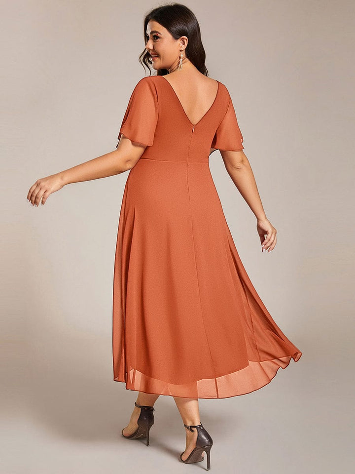 ever FAYE|Chic V Neck Asymmetrical Hem Ruffles Sleeve Pleated Chiffon Wedding Guest Dress