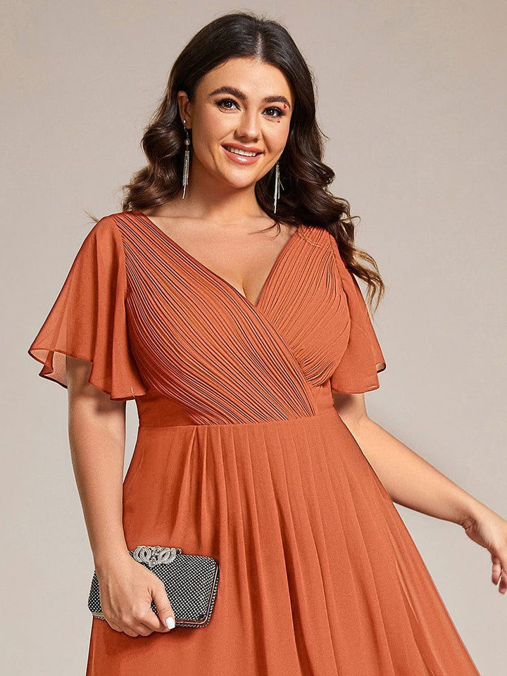 ever FAYE|Chic V Neck Asymmetrical Hem Ruffles Sleeve Pleated Chiffon Wedding Guest Dress