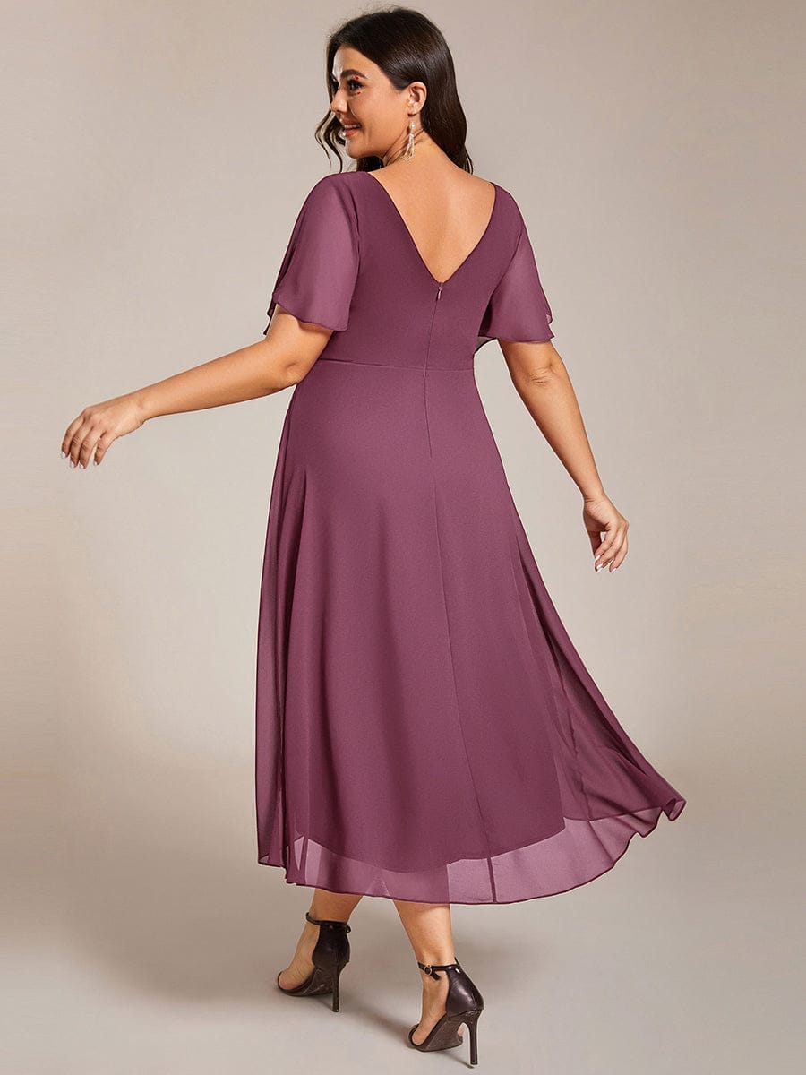 ever FAYE|Chic V Neck Asymmetrical Hem Ruffles Sleeve Pleated Chiffon Wedding Guest Dress