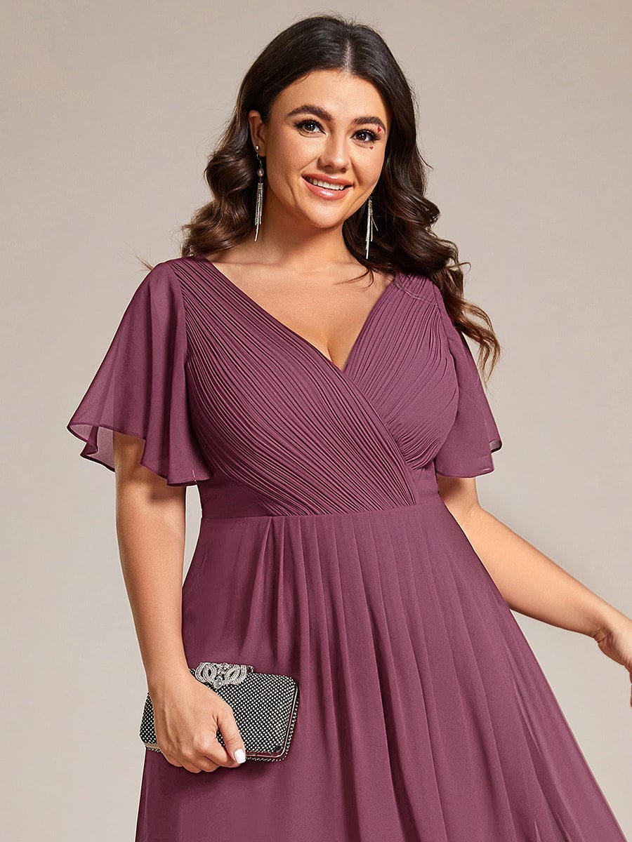 ever FAYE|Chic V Neck Asymmetrical Hem Ruffles Sleeve Pleated Chiffon Wedding Guest Dress
