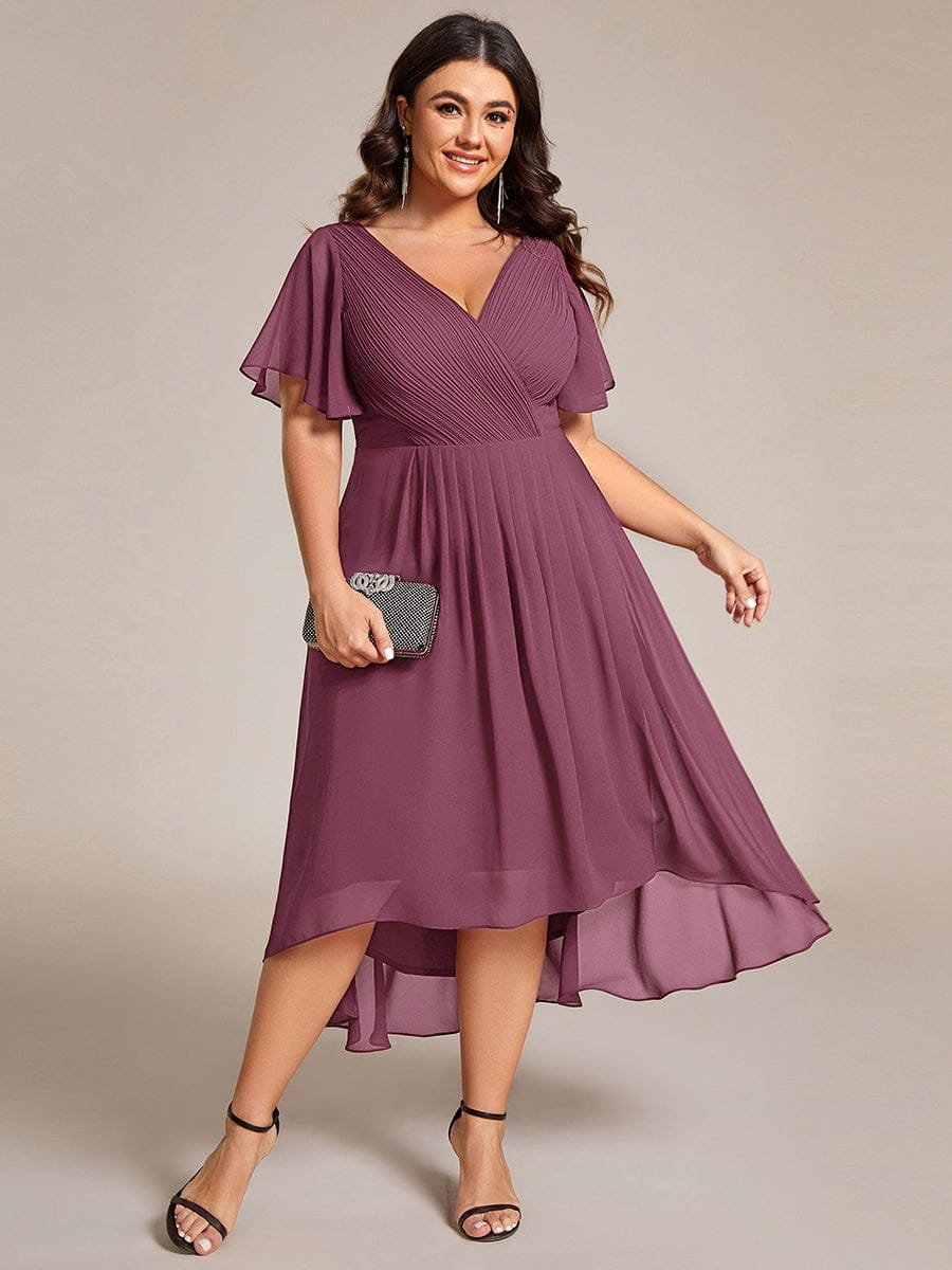 ever FAYE|Chic V Neck Asymmetrical Hem Ruffles Sleeve Pleated Chiffon Wedding Guest Dress