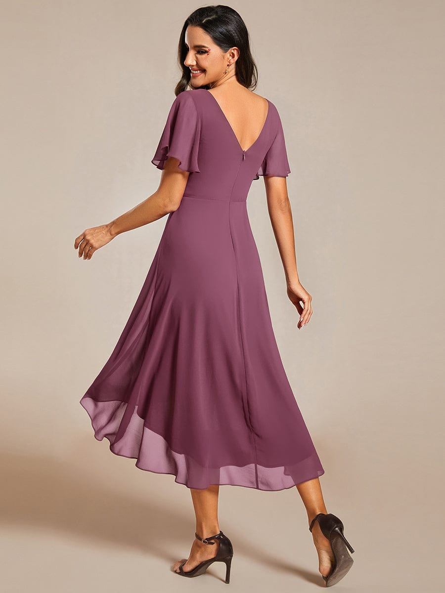 ever FAYE|Chic V Neck Asymmetrical Hem Ruffles Sleeve Pleated Chiffon Wedding Guest Dress