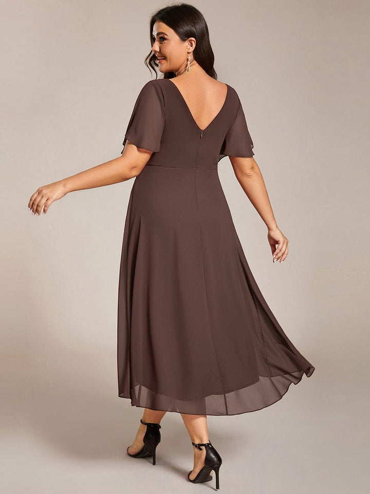 ever FAYE|Chic V Neck Asymmetrical Hem Ruffles Sleeve Pleated Chiffon Wedding Guest Dress