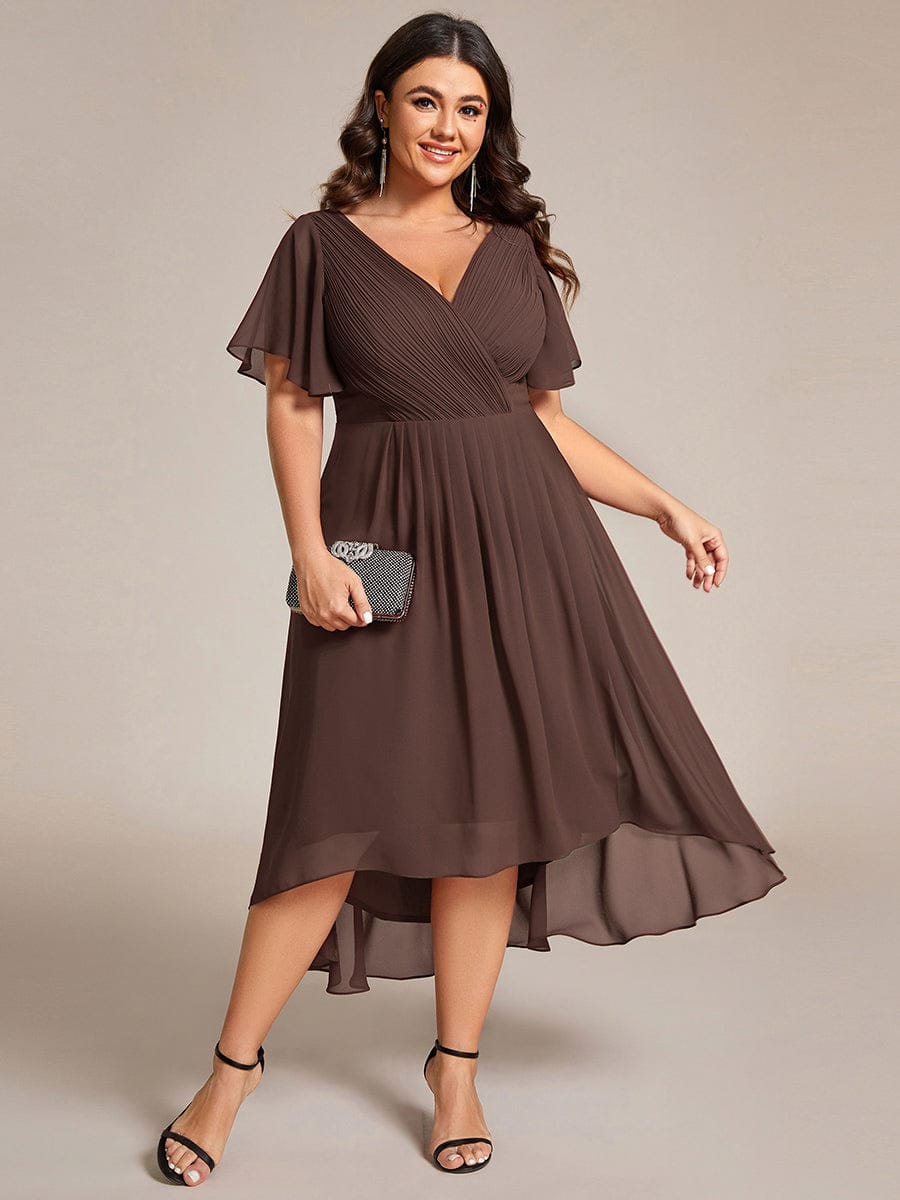 ever FAYE|Chic V Neck Asymmetrical Hem Ruffles Sleeve Pleated Chiffon Wedding Guest Dress