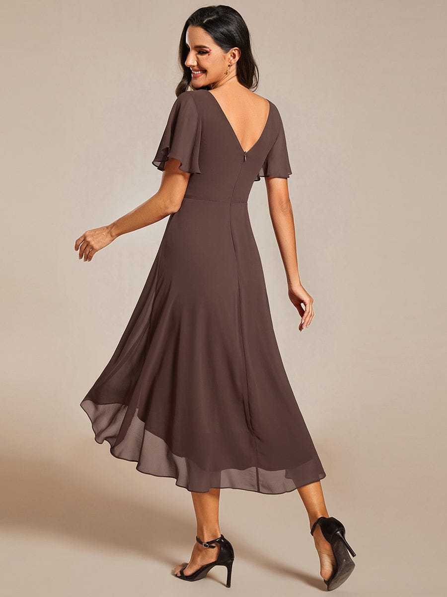 ever FAYE|Chic V Neck Asymmetrical Hem Ruffles Sleeve Pleated Chiffon Wedding Guest Dress