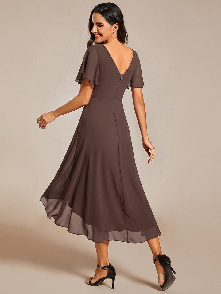ever FAYE|Chic V Neck Asymmetrical Hem Ruffles Sleeve Pleated Chiffon Wedding Guest Dress