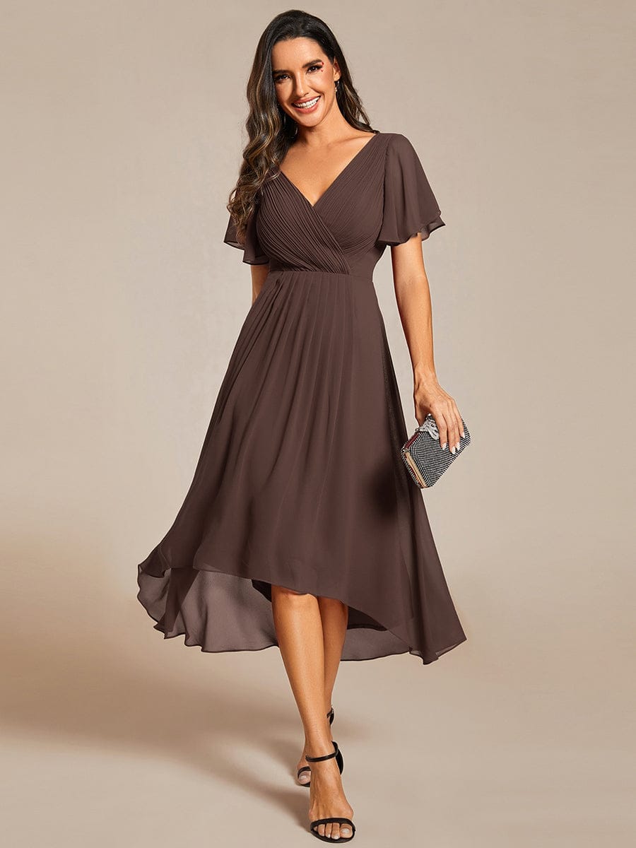 ever FAYE|Chic V Neck Asymmetrical Hem Ruffles Sleeve Pleated Chiffon Wedding Guest Dress