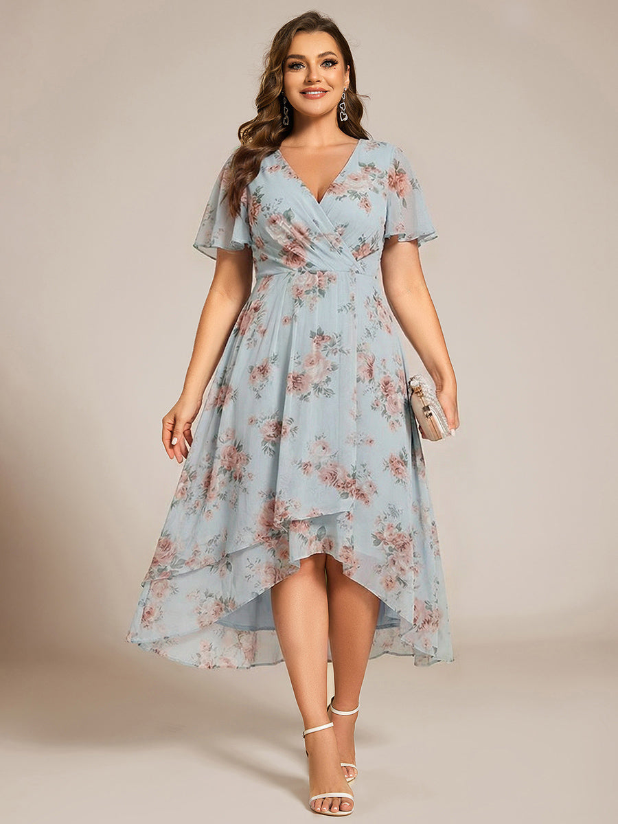 ever LARK|Ruffles Sleeve Pleated V-Neck A-Line Midi Chiffon Wedding Guest Dress