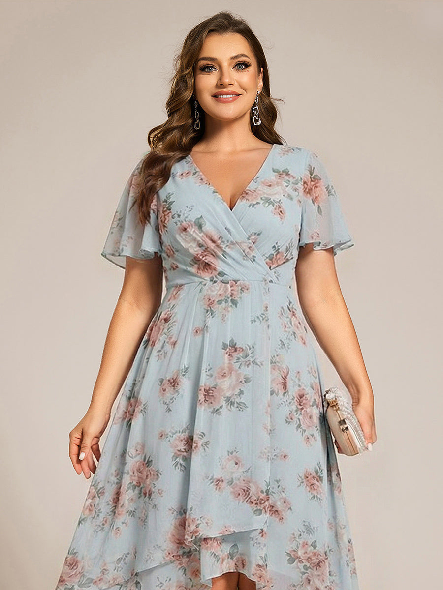 ever LARK|Ruffles Sleeve Pleated V-Neck A-Line Midi Chiffon Wedding Guest Dress