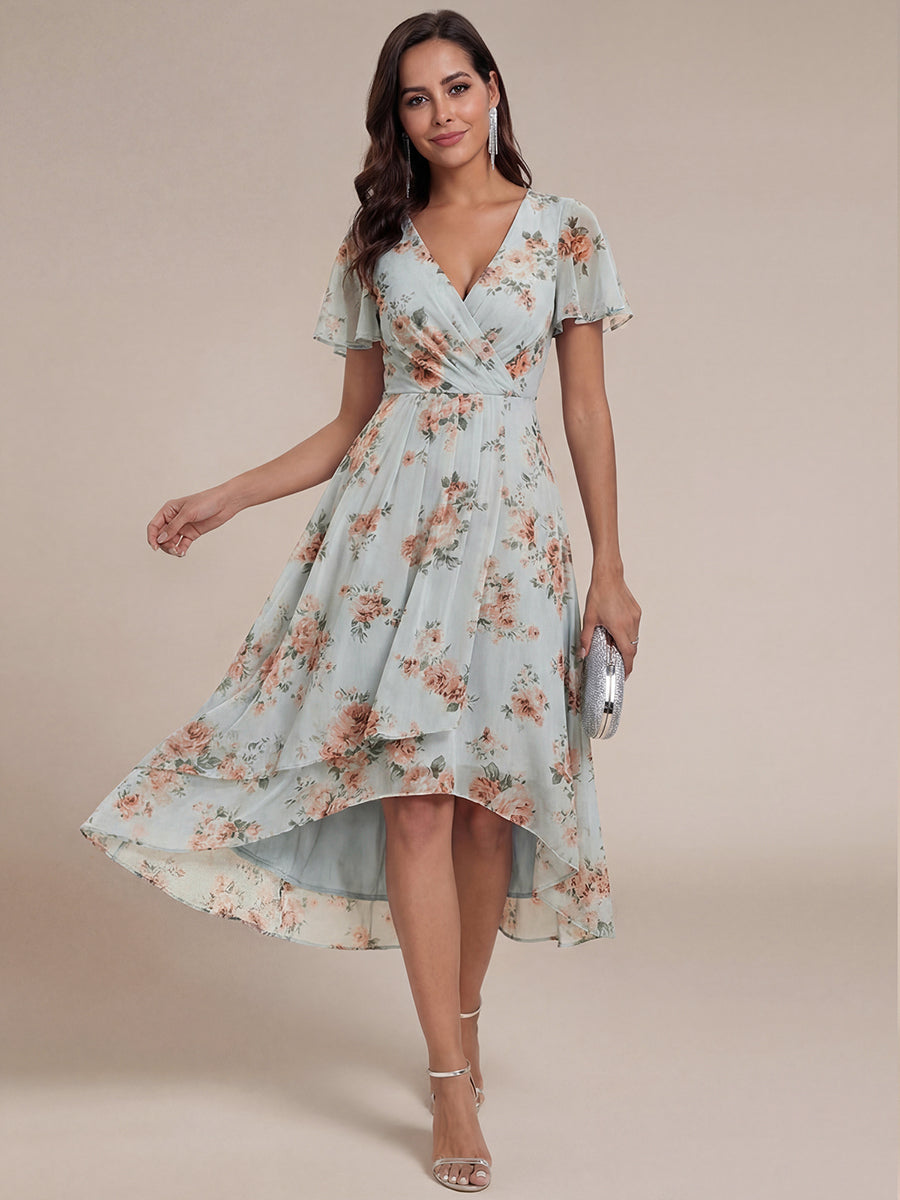 ever LARK|Ruffles Sleeve Pleated V-Neck A-Line Midi Chiffon Wedding Guest Dress