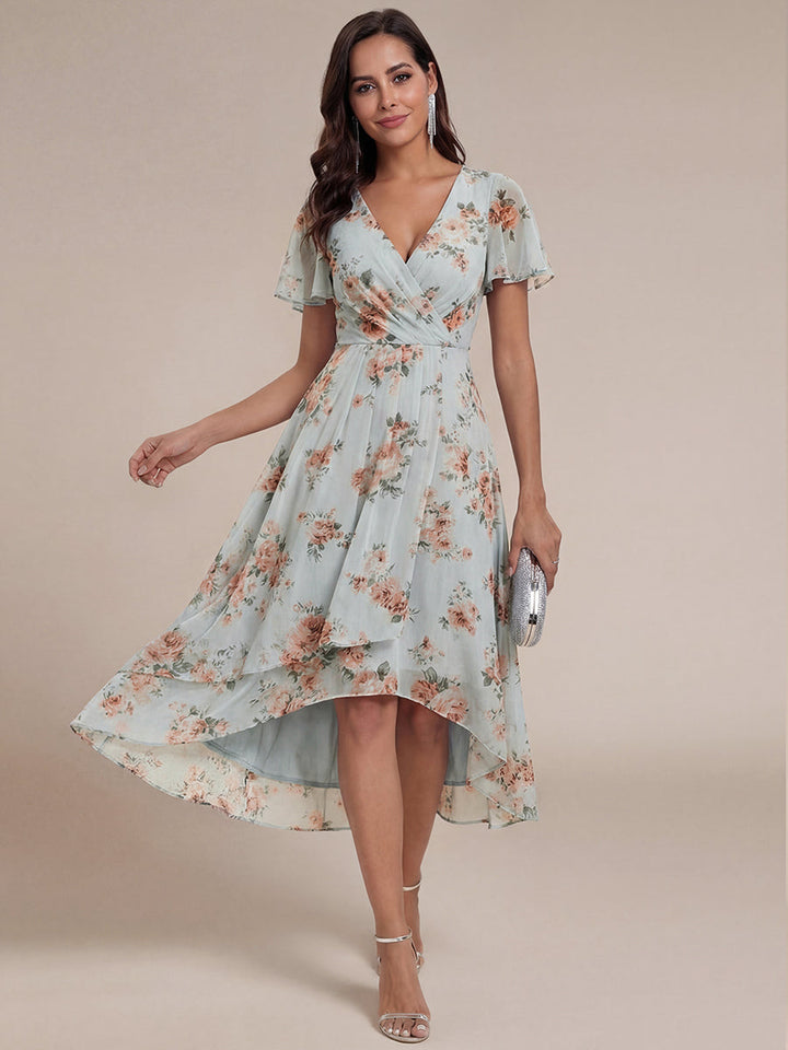 ever LARK|Ruffles Sleeve Pleated V-Neck A-Line Midi Chiffon Wedding Guest Dress