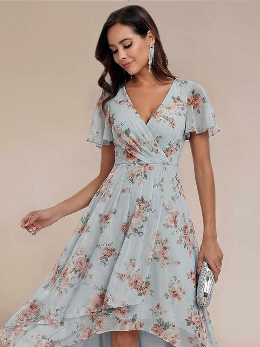 ever LARK|Ruffles Sleeve Pleated V-Neck A-Line Midi Chiffon Wedding Guest Dress
