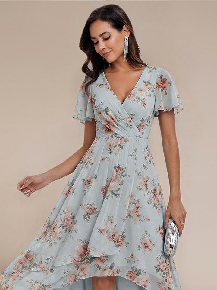 ever LARK|Ruffles Sleeve Pleated V-Neck A-Line Midi Chiffon Wedding Guest Dress