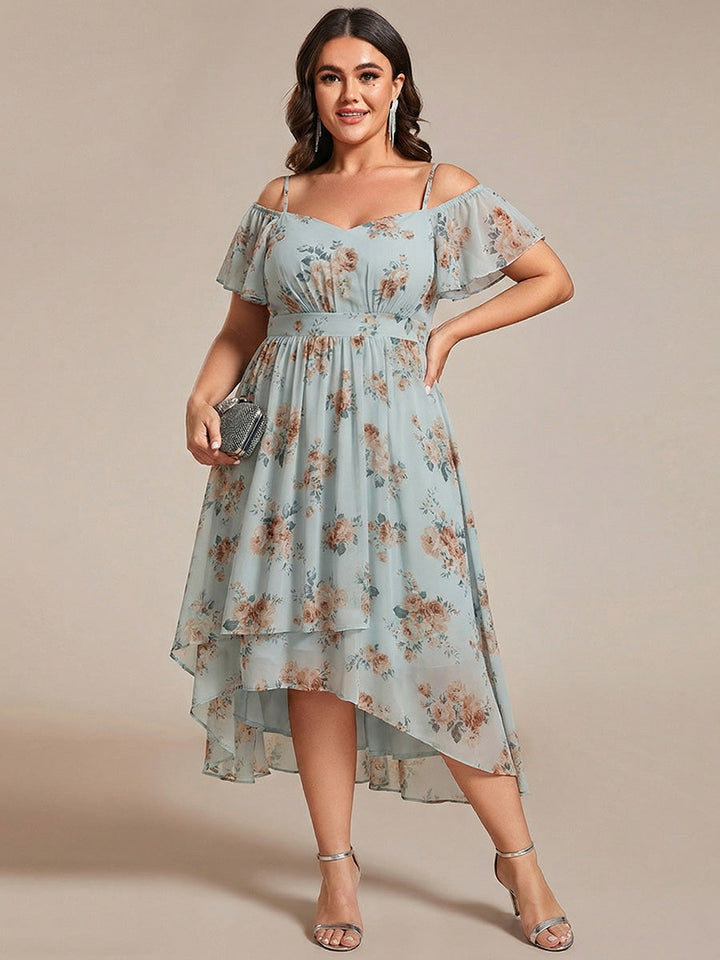 pretty JORDANE|Plus Size Cold Shoulder Sweetheart Necklin Chiffon Midi Wedding Guest Dress