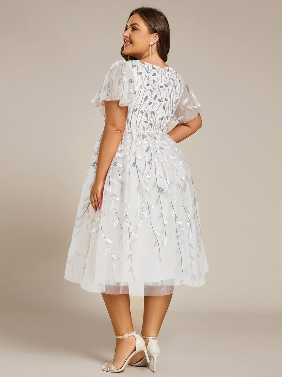 ever SIMONE|Short Sleeves Leaf Sequin A-Line Midi Formal Wedding Guest Dress