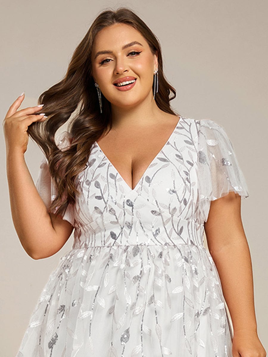 ever SIMONE|Short Sleeves Leaf Sequin A-Line Midi Formal Wedding Guest Dress