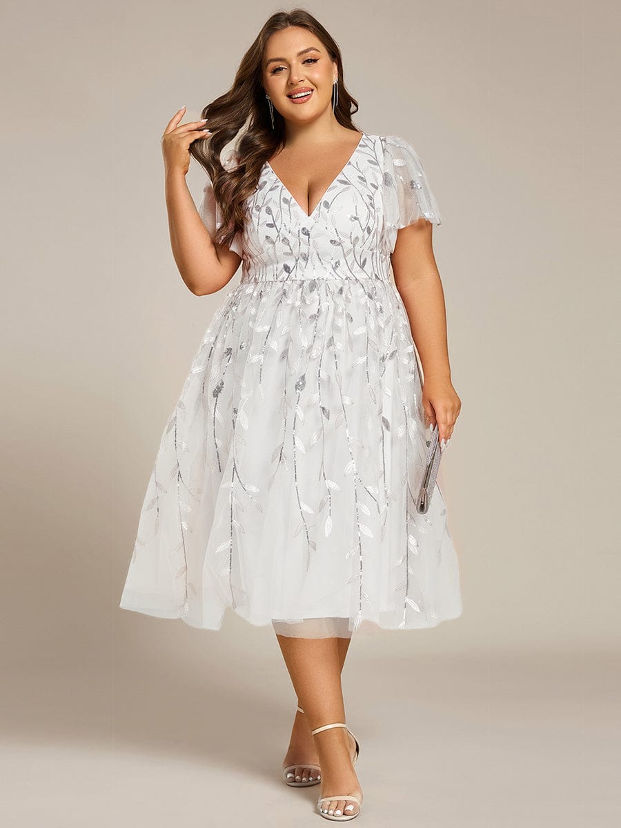 ever SIMONE|Short Sleeves Leaf Sequin A-Line Midi Formal Wedding Guest Dress