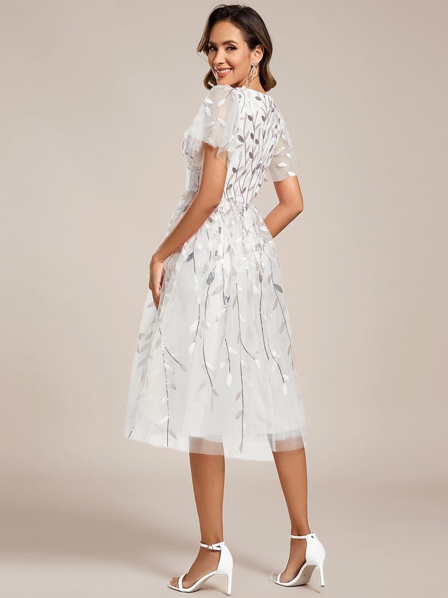 ever SIMONE|Short Sleeves Leaf Sequin A-Line Midi Formal Wedding Guest Dress