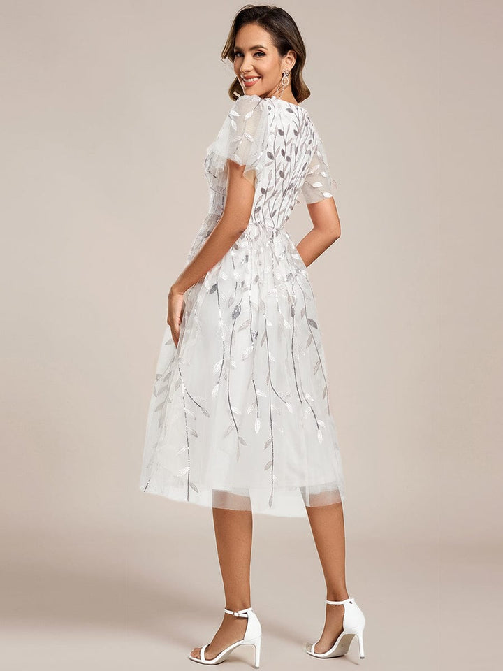 ever SIMONE|Short Sleeves Leaf Sequin A-Line Midi Formal Wedding Guest Dress