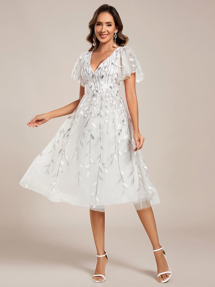 ever SIMONE|Short Sleeves Leaf Sequin A-Line Midi Formal Wedding Guest Dress
