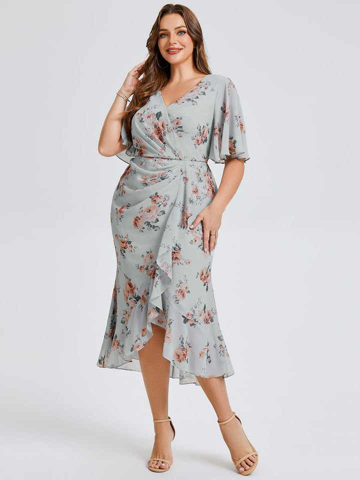 pretty FLORENCIA|Plus Size Printed Bodycon V-Neck Midi Dress