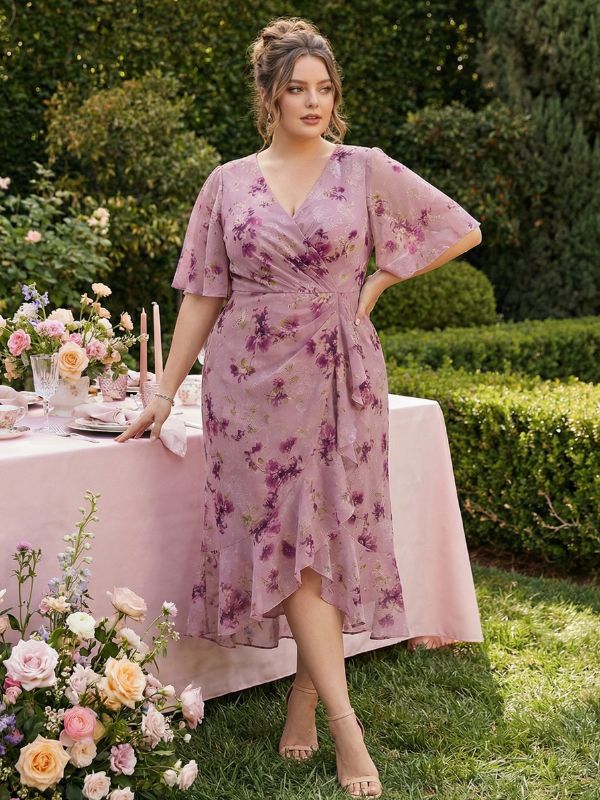 pretty FLORENCIA|Plus Size Printed Bodycon V-Neck Midi Dress