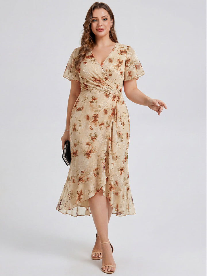 pretty FLORENCIA|Plus Size Printed Bodycon V-Neck Midi Dress