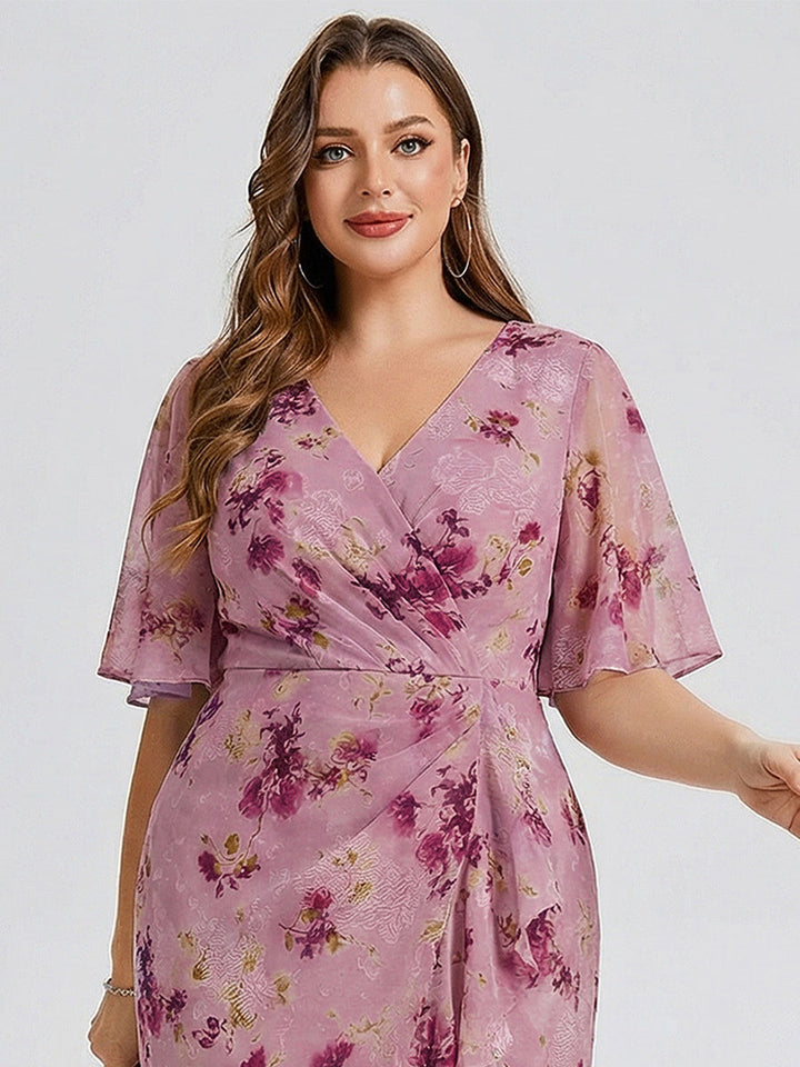 pretty FLORENCIA|Plus Size Printed Bodycon V-Neck Midi Dress