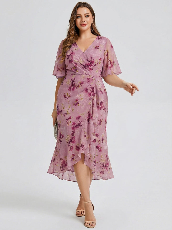 pretty FLORENCIA|Plus Size Printed Bodycon V-Neck Midi Dress