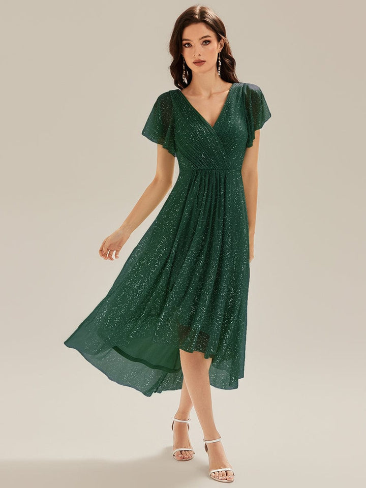 ever MIA|Pleated Glitter Ruffle Sleeve Dress