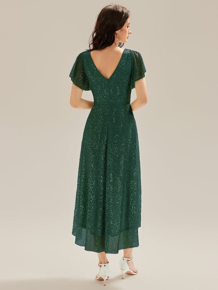ever MIA|Pleated Glitter Ruffle Sleeve Dress