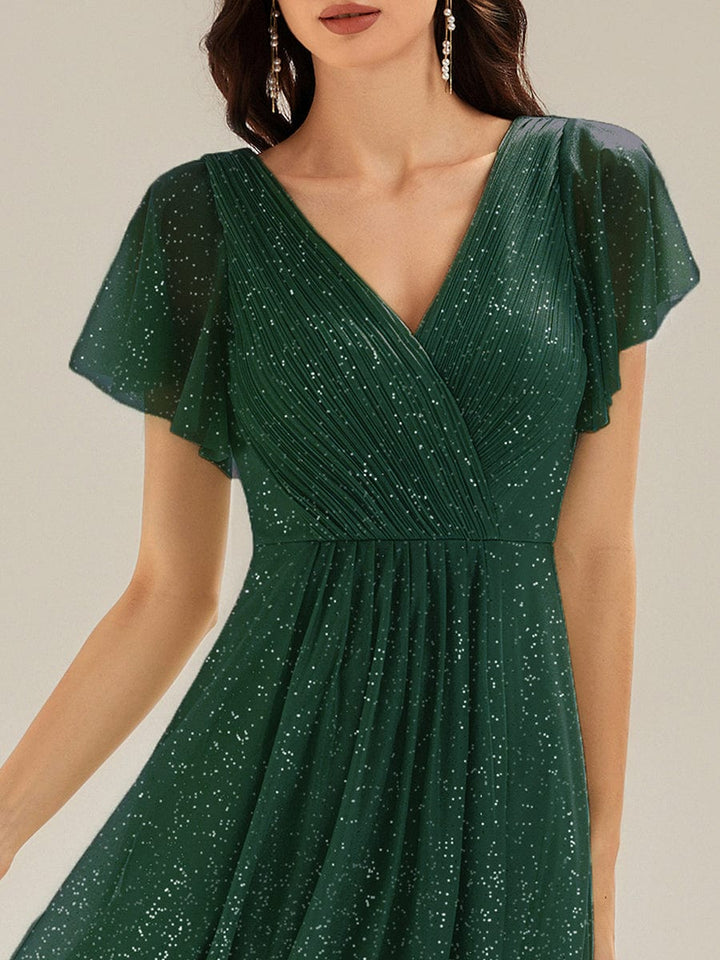 ever MIA|Pleated Glitter Ruffle Sleeve Dress