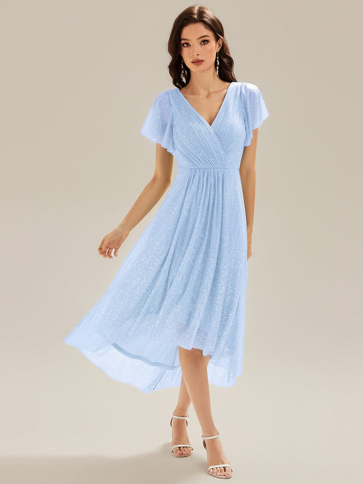 ever MIA|Pleated Glitter Ruffle Sleeve Dress