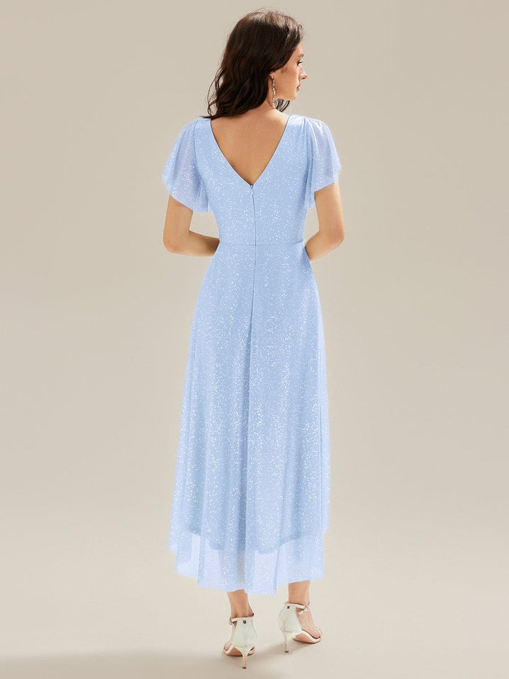 ever MIA|Pleated Glitter Ruffle Sleeve Dress