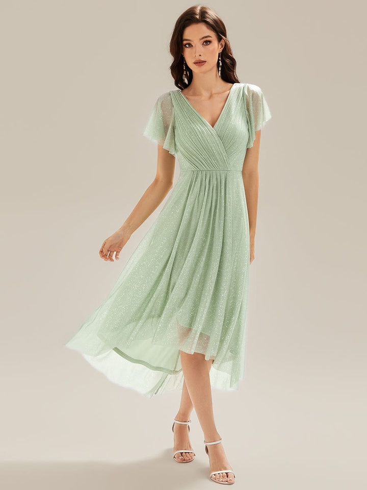ever MIA|Pleated Glitter Ruffle Sleeve Dress